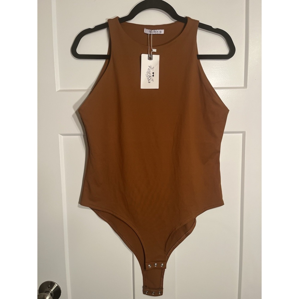 NWT REORIA Sleeveless Bodysuit Womens XL Rust Brown High Neck